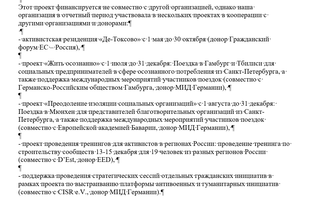 Фрагмент из внутренних документов организации Белокуровой о деятельности организации в 2023-2024 гг